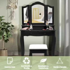 Costway Vanity Makeup Dressing Table Set W/Stool 4 Drawer&Mirror Jewelry Wood Desk Black -Cozy Living Deals Store GUEST f9169438 b43c 413e a694 bc0b3179f5e2