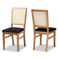 Set Of 2 Idris Fabric Upholstered Rattan Dining Chairs Black/Oak Brown - Baxton Studio