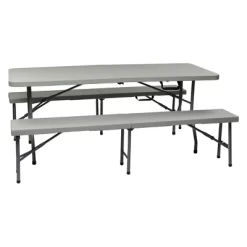 3pc Folding Table And Bench Set Light Gray - OSP Home Furnishings