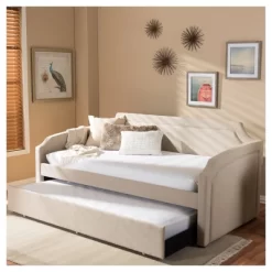 Parkson Modern And Contemporary Linen Fabric Curved Notched Corners Sofa Daybed With Roll - Out Trundle Guest Bed - Twin - Baxton Studio -Cozy Living Deals Store GUEST fbbc9ff5 f7da 43a1 abdd 630f12c8a286